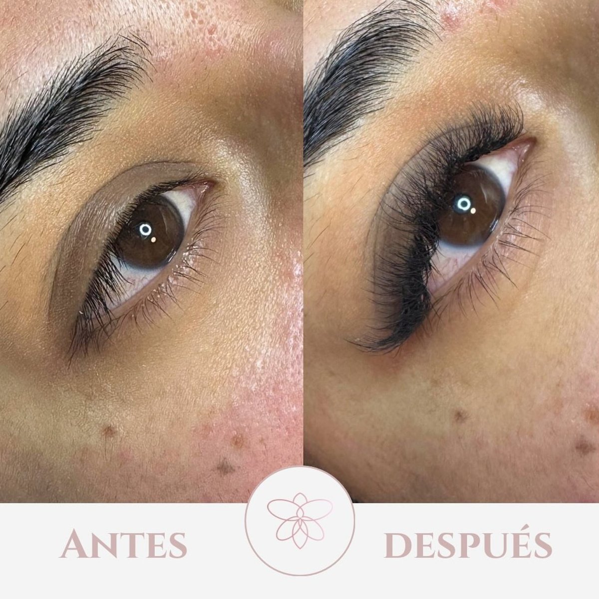 Before and after comparison of eye lashes, showing fuller and darker lashes on the right side