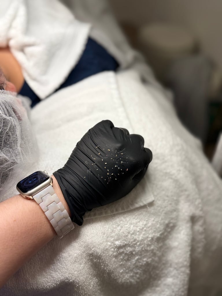 Person wearing black textured gloves and white smartwatch on arm resting on light gray fabric